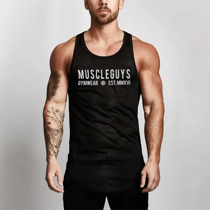 MuscleGuys Mens Bodybuilding Tank Top Sportscholen Fitness Mouwloos Shirt Nieuwe Mannelijke Mesh Kleding Mode Singlet Vest Onderhemd 210421