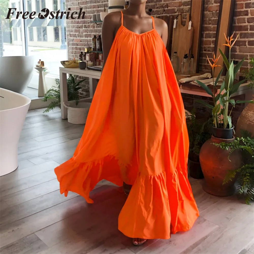 Autruche gratuite été longue Maxi robe femmes Sexy lâche plage robes grande taille 5xl sans manches sangle robe femmes fête robe 210331