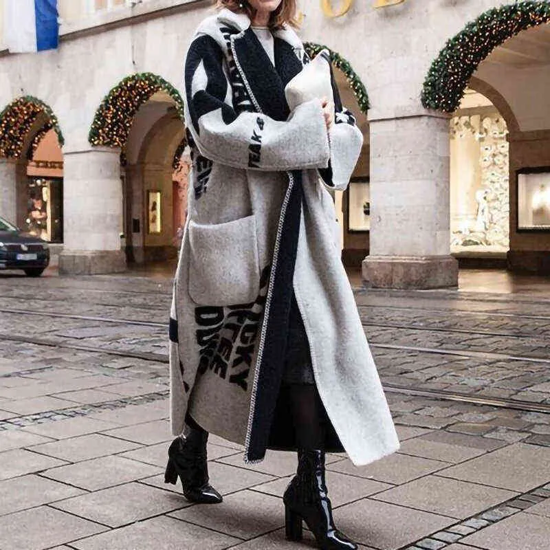 Casual Winter Long Ytterkläder Kvinnor Mode Lapel Lace-up Fashion Cardigan Vintage Dubbelsidig Tryckt Tweed Coat Elegant Ladies 211130
