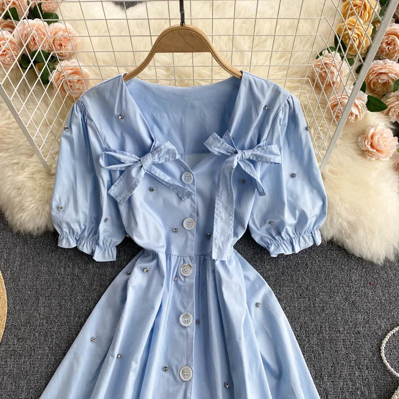 SINGREINY French Sweet Diamond Dress Women Puff Sleeve V Neck Single Breasted Office Dresses Summer Casual A-line Short Dress 210419