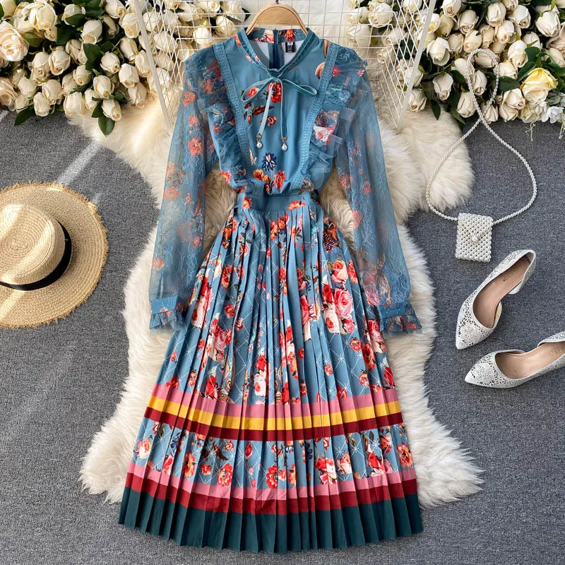 Singreiny Vrouwen Boho Bloemen Geplooid Jurk Design Kant Lange Mouw Ruches A-Lijn Jurk Herfst Retro Print Court Wind Midi Jurk 210419