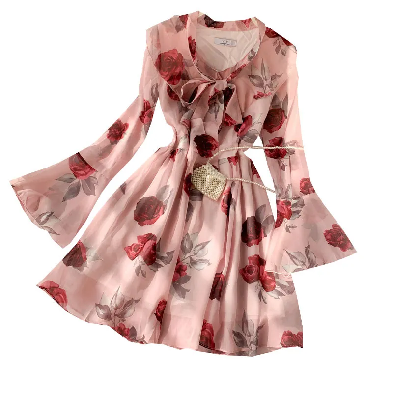 Abito estivo da donna Dolce Fiocco Allacciatura Volant Scollo a V Chiffon Temperamento Manica svasata Rosa Stampa Corto ML868 210506