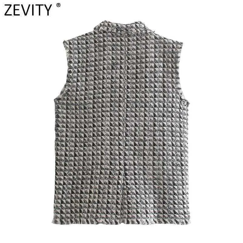 Zevity Women Vintage Houndstooth Tassel Design Ärmlös Vest Jacka Kontor Lady Passar Waistcoat Fickor Outwear Toppar CT685 210603