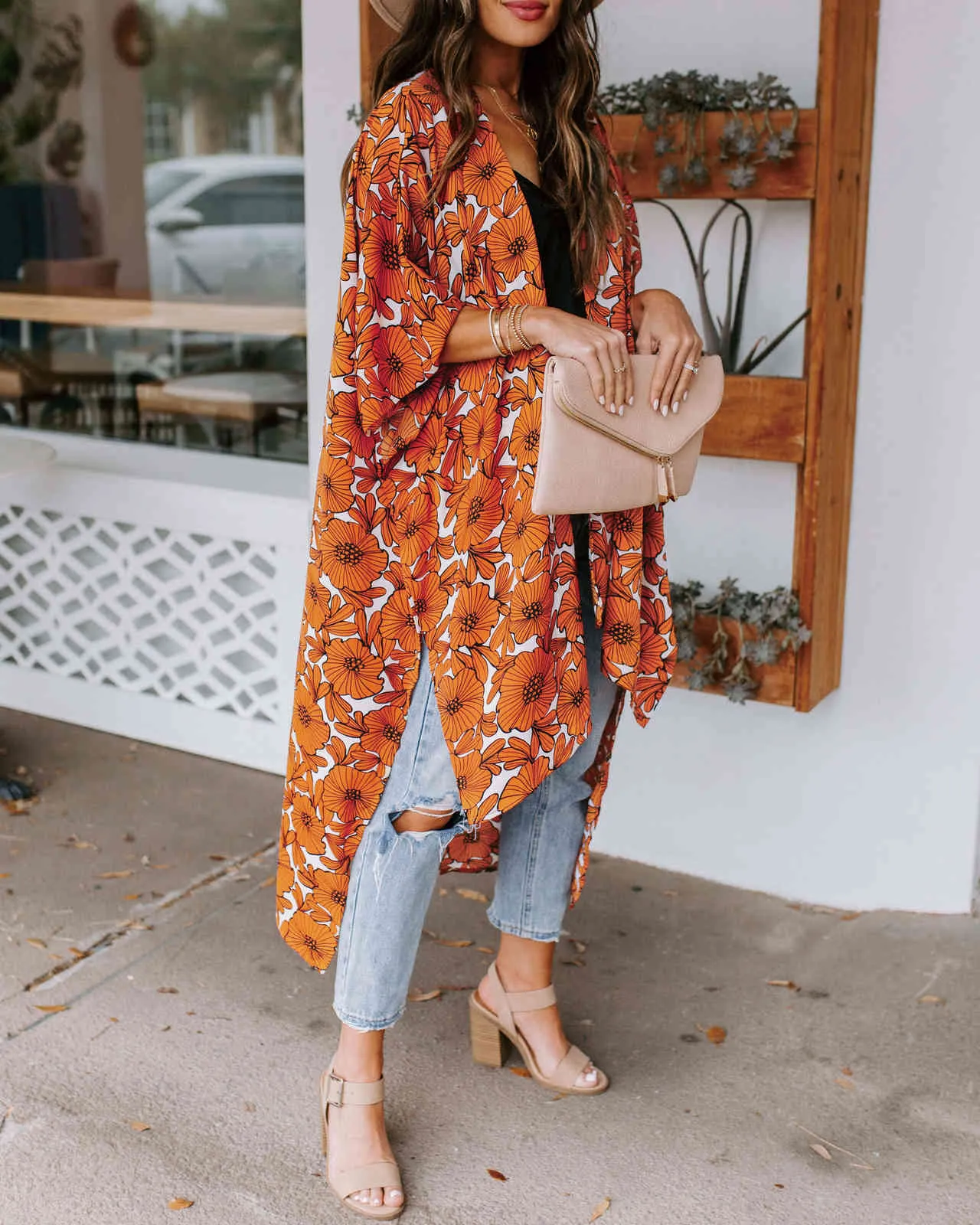 Orange Boho Print Chiffon Bathing Suit Cover-ups Plus Size Beach Wear Long Kimono Dress Women Summer Swimsuit Cover Up A809 210420