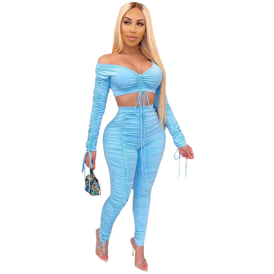 Sexy Zweiteilige Sets Frauen Solide Off Schulter Spitze Up Bandage Crop Tops Geraffte Gestapelte Hosen Anzug Leggings Outfit Sport Tracking Y0625