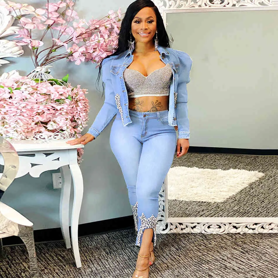 Free Elegant Women's Beaded Denim Suit Lapel Long Sleeve Single-breasted Jacket & Pencil Pants Two-Piece Set 210524