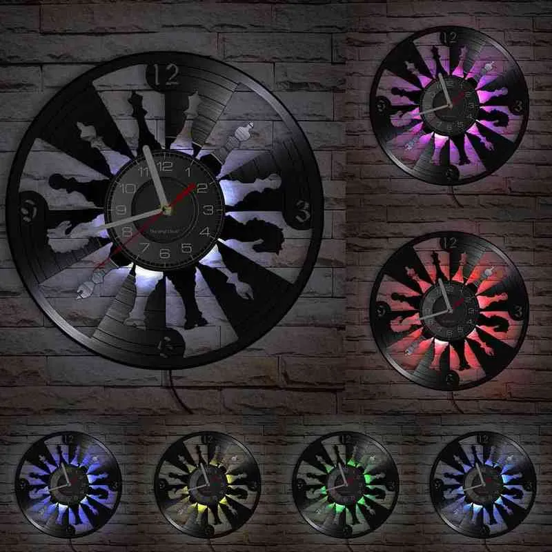 Jeu d'échecs horloge murale décorative pour salle de jeux montre murale pièces d'échecs Design moderne disque vinyle horloge murale rétro montres H1230