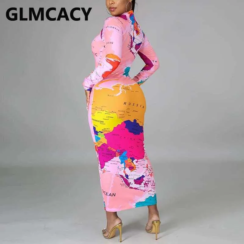 Femmes Carte du Monde Imprimé Slim Maxi Robe Élégante À Manches Longues Soirée Crayon Robes Longues Robe 210702