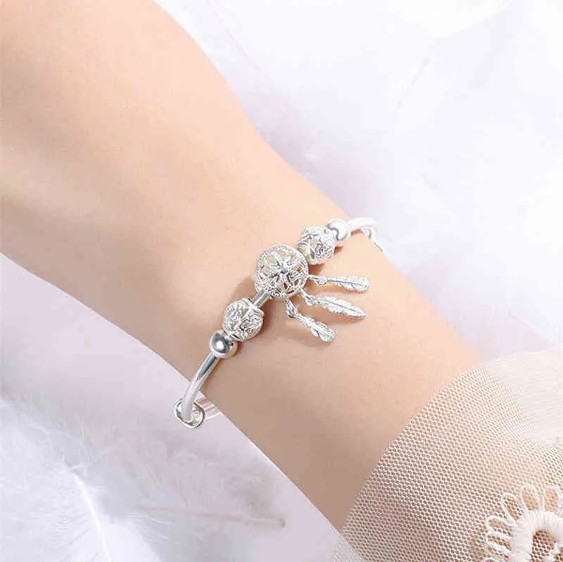 LMNZB Original 925 Sterling Sier Tassel Feather Charms Bracelet For Women Adjustable Bracelet &Bangle Fashion Party Jewelry