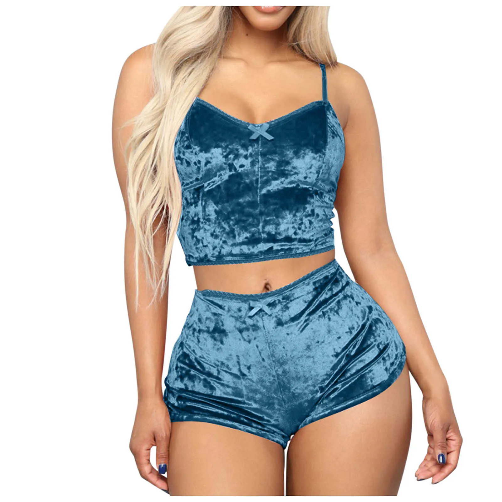 Женщины Sexy Plus Size Velvet Romper Outfit Без рукавов Crop Top Camisole + Shorts Two Piece set Lingerie for Women A20 Q0706