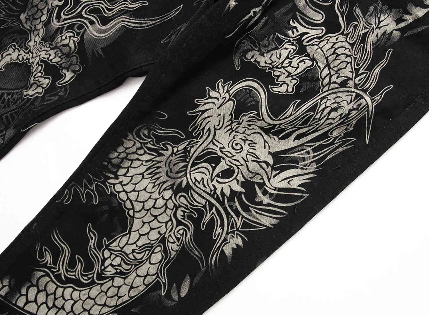 New men's Chinese trendy dragon black skinny jeans stretch comfortable fashion hip-hop men's pants Streetwear print trousers 210331