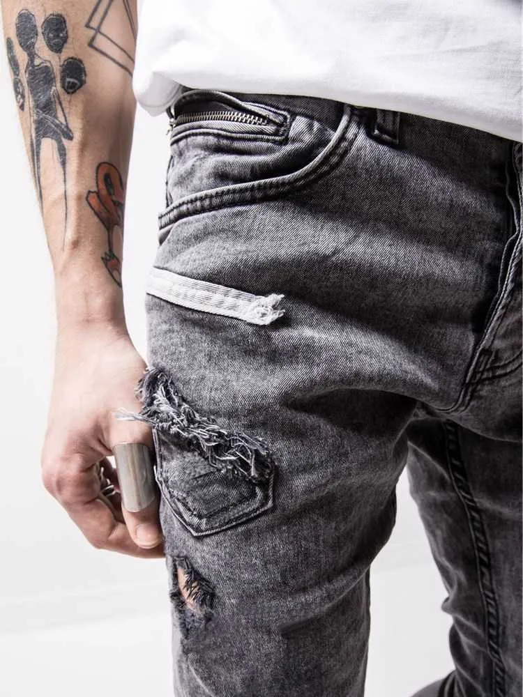 Calça jeans skinny rasgada e elástica para homens outono biker jeans de alta qualidade ajuste fino jeans riscado de alta elasticidade calça lápis com zíper X0621