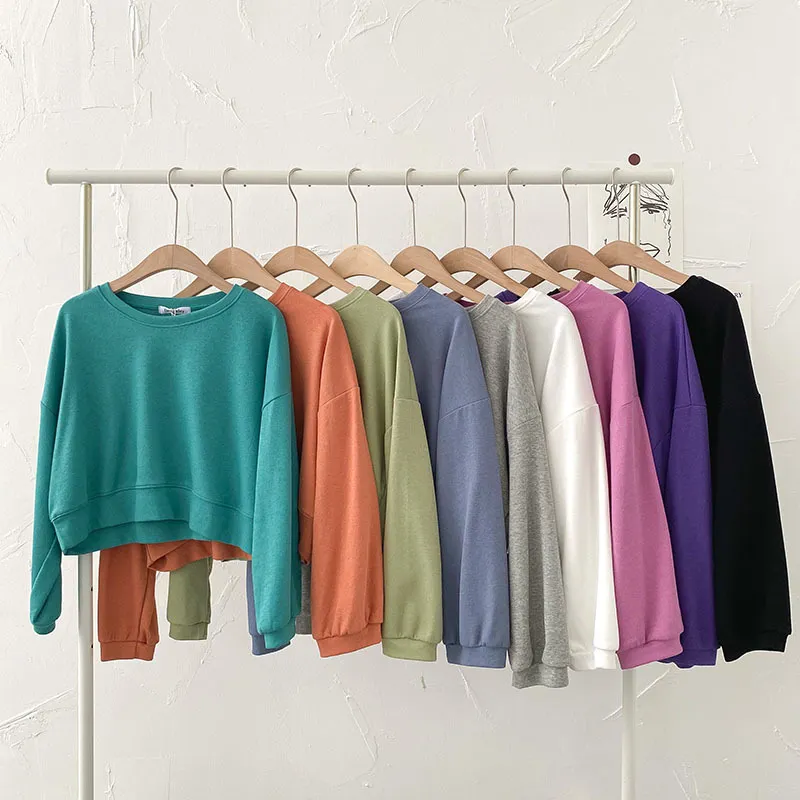 Korean Pure Color sweatshirt Autumn Women's Fashion Casual O Neck Long Sleeve Loose Short Top crewneck 210420
