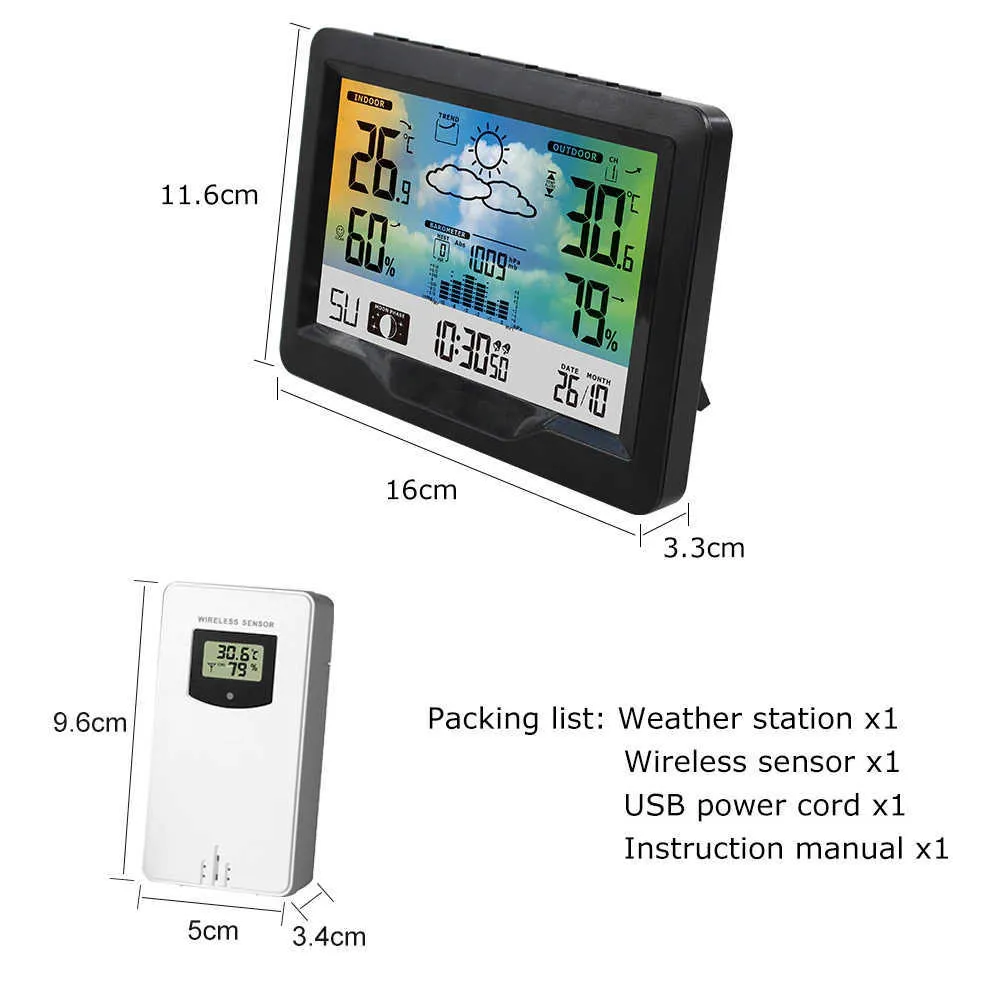 Stazione meteorologica wireless interni con schermo a colori esterni Stazione di previsioni del tempo con sensore di temperatura esterno con sveglia 210719