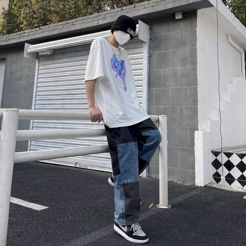 Nieuwe herfstveer Harajuku Jeans Heren rechte broek Vintage patchworter Wide Been Losse punk broek Ins Streetwear 210330