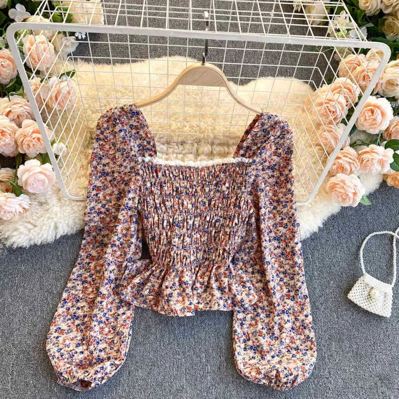 Singreiny Kobiety Boho Floral Bluzka Francuski Koronki Kołnierz Collar Rękaw Puff Slim Ruffles Topy Jesień Koreańska Elastyczna Ruched Bluzki 210419