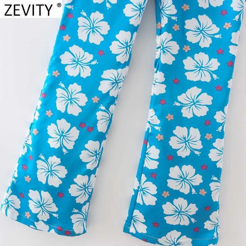 Zevity Womenファッション花柄プリントスリミングフレアパンツオフィスレディーハイサイドジッパーフライストリートウェアロングズボンMujer P1020 210603