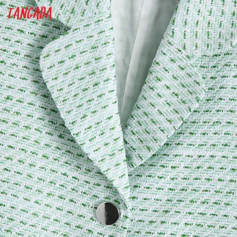 Tangada Femmes Mode Vert Tweed Recadrée Gilet Manteau Vintage Sans Manches Poches Femme Gilet Chic Tops BE789 210609