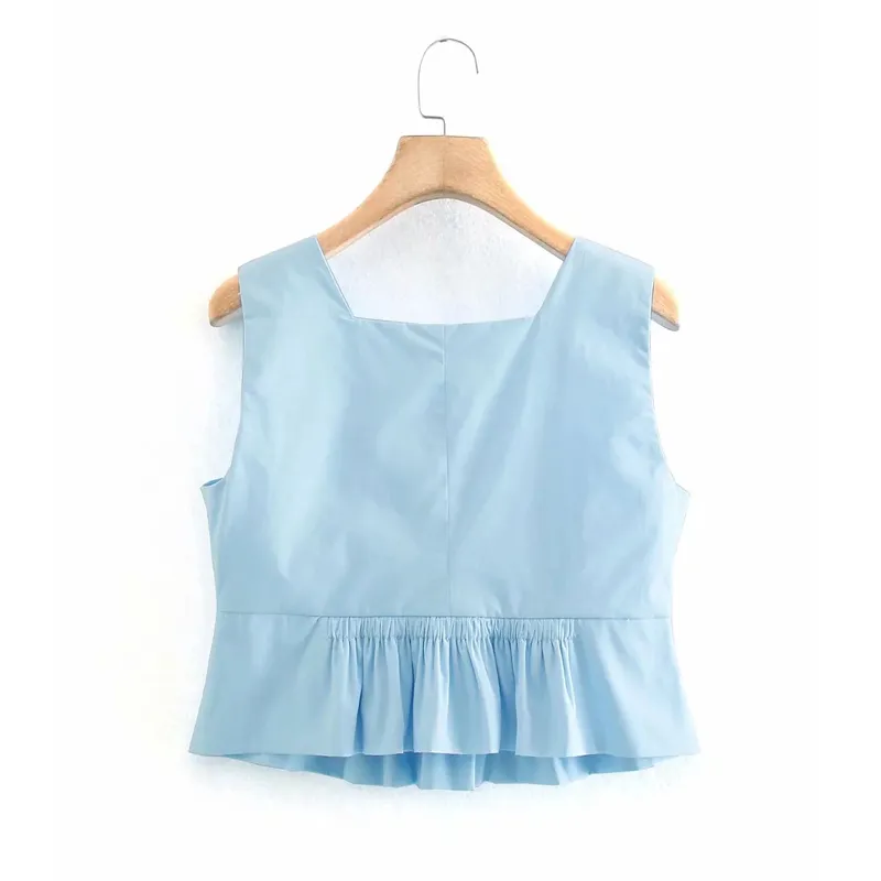 Blå Poplin Crop Top Kvinnor Sommar Fashion Square Collar Wide Straps Ärmlös Blus Kvinna Chic Ruffle 210519