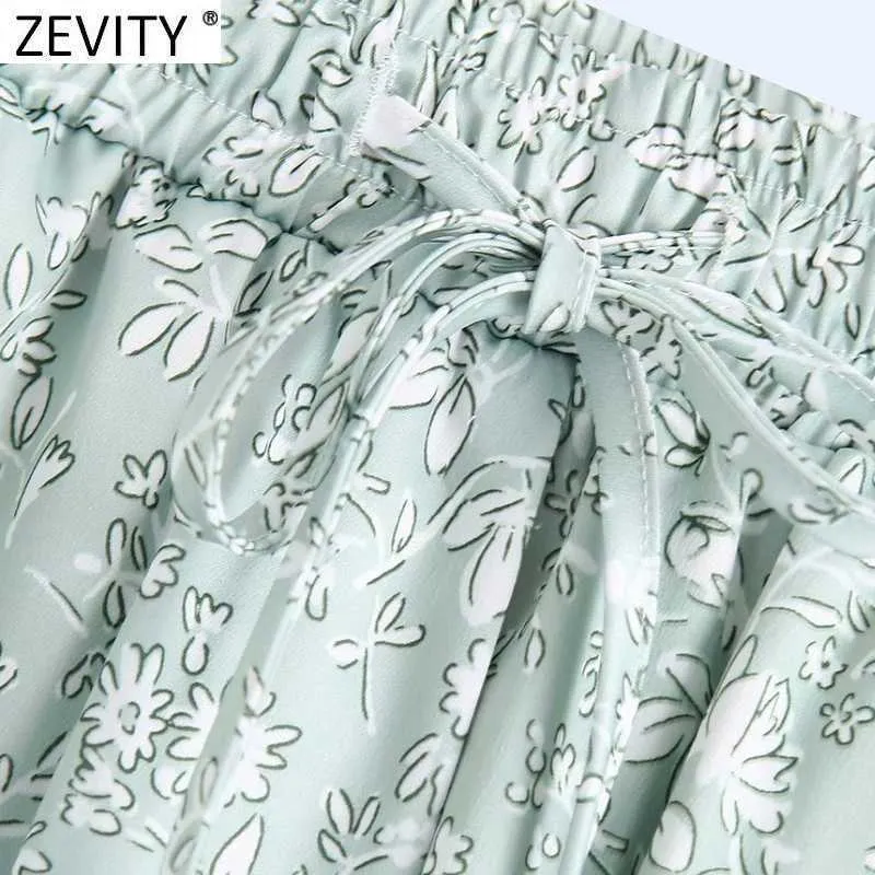 Zevity女性のファッションフローラルプリントソフトサテンハーレムパンツ女性シックな弾性ウエストレースアップカジュアルプリーツ夏のズボンP1126 210603