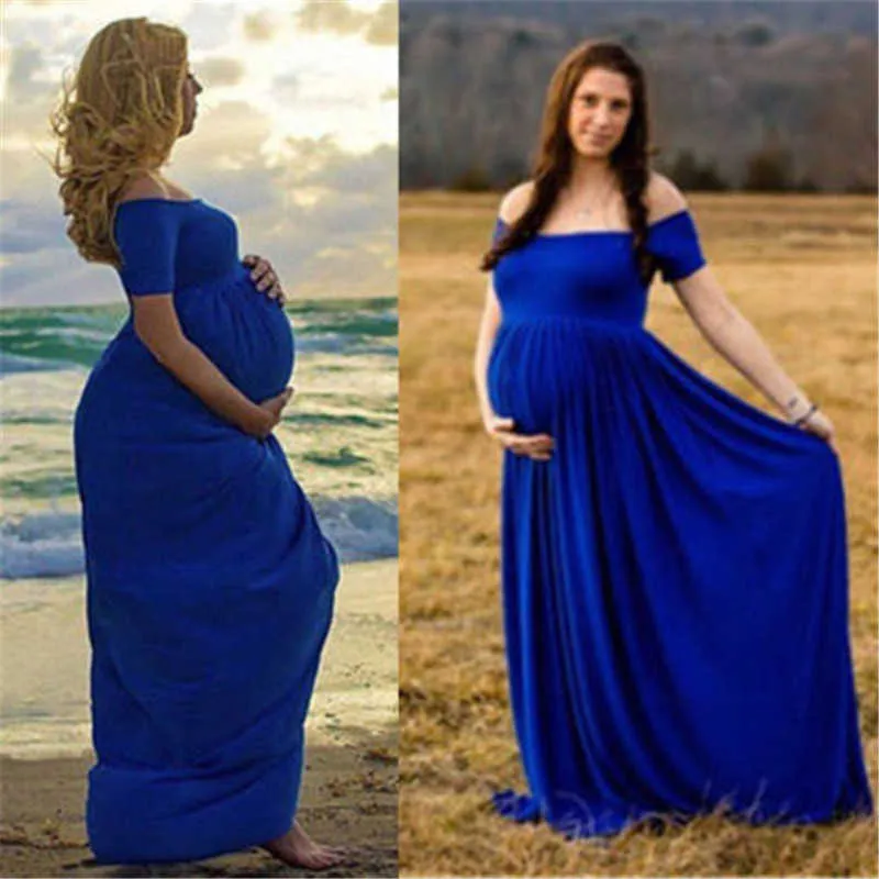 Arrivée femmes enceintes robes de maternité couleur unie fleur ceintures sans épaule longue robe bohème plage vacances photographie Q0713