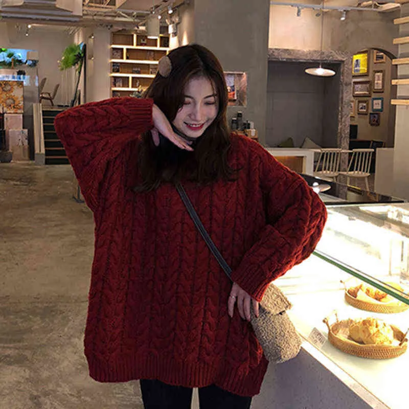 Women Red Sweaters Loose Long Sleeve O-neck Autumn Winter Pullovers Knitwear Warm Tops Korean Style Vintage Jumper Simple Retro Y1110