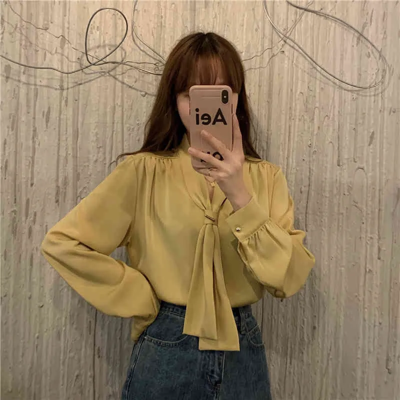 Autumn Korean Blouse Loose Versatile Stacked Solid Color Bow V-Neck Long-Sleeved Shirt Soft Chic Top Female GX1498 210507