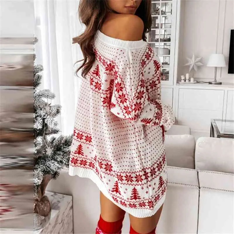 Vrouwen Christmas Off Shoulder Sweater Jurk Herfst Winter Lange Mouwen Gebreide Print Casual Pullover Extra Mini Jurken 210416