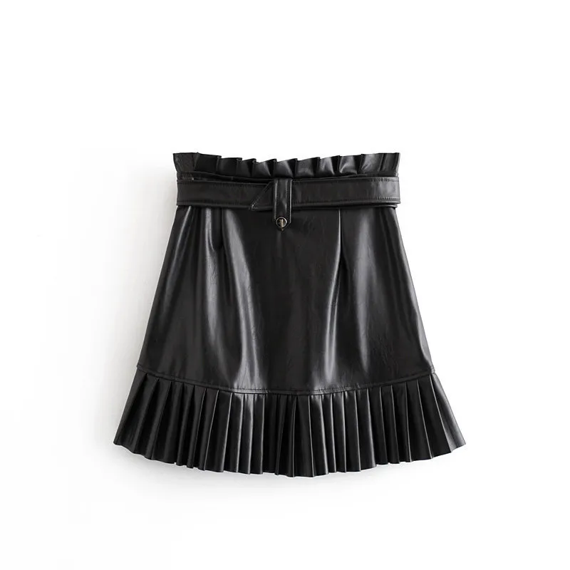 élégante jupe en cuir pu femmes Sexy mini Streetwear taille haute chic ceinture plissée coréenne noir falda mujer 210521