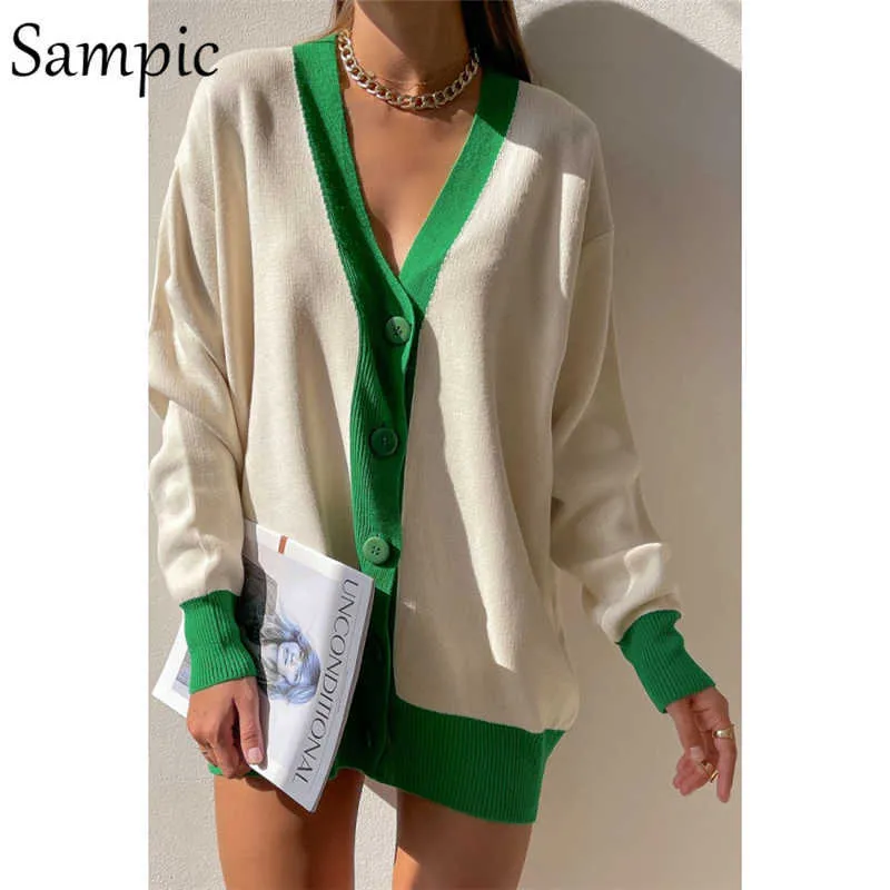 Sampic Losse Patchwork Knitwear Winter Dames Cardigans Tops Oversized Lange Mouw Y2K V-hals Sweater Casual Fashion 210914