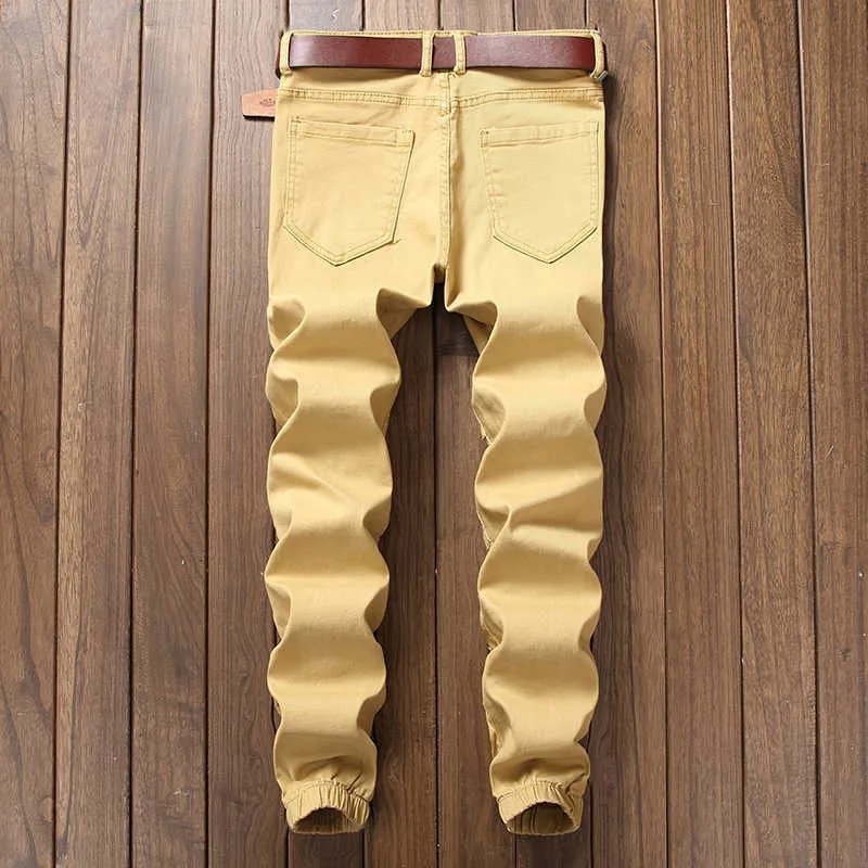 Разорванные джинсы мужские растягивающие стройные подходят мужские бежевые брюки фальшивые молнии уничтожены выдолбленные из-за хип-хопа повседневные джинсы джинсы мужчина нет ремень X0621