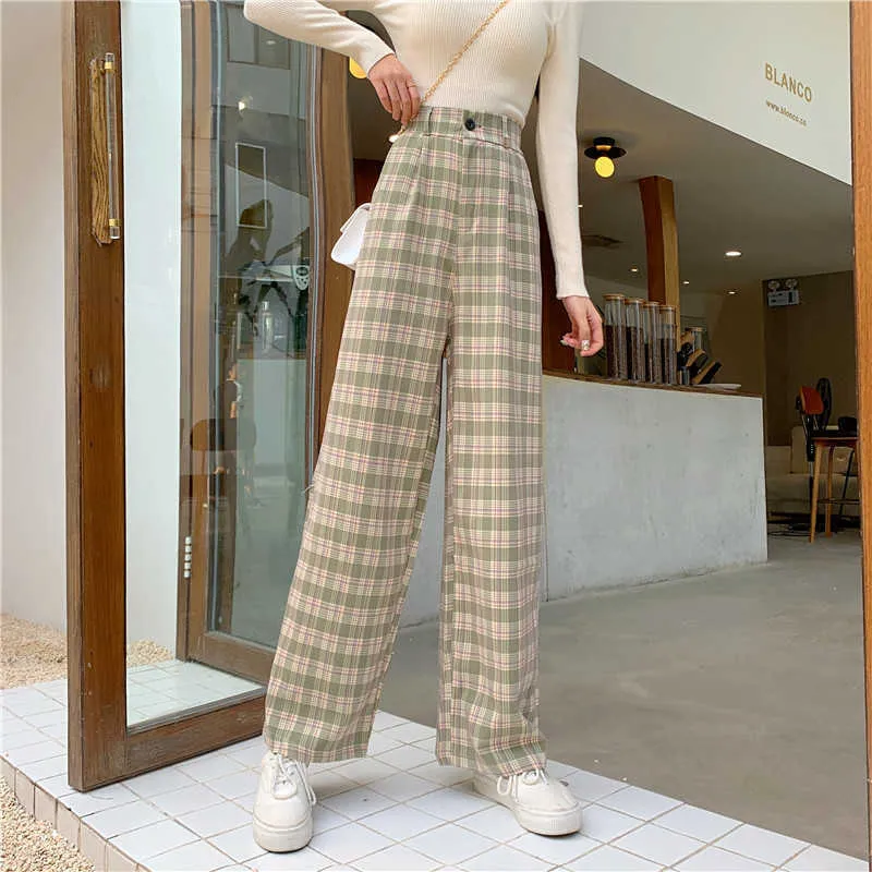 Simple Vintage Plaid Causal Long Femmes Pantalon Street Fashion Straight Wide Leg Pant 210721
