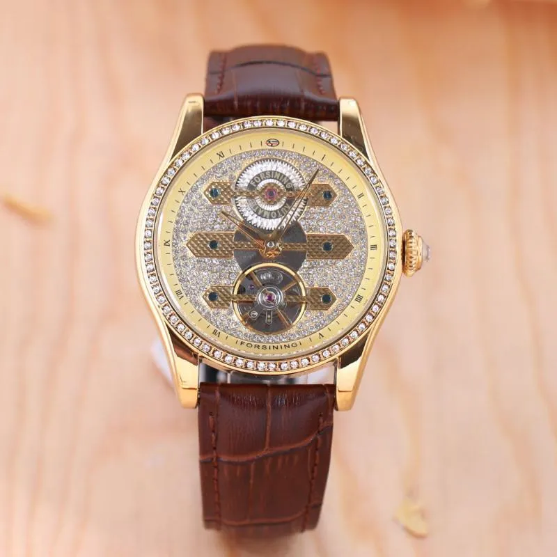 ForSining Fashion Diamond Tourbillion Display Brown äkta lädervatten motstår män titta på topp automatiska armbandsur334v