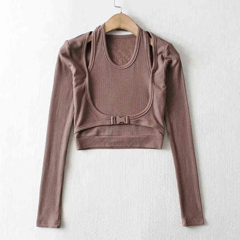 VGH Casual Hollow Out T Shirt For Women O Neck Long Sleeve Sashes Solid Minimalist T Shirts Female Fashion Clothing Spring 211110