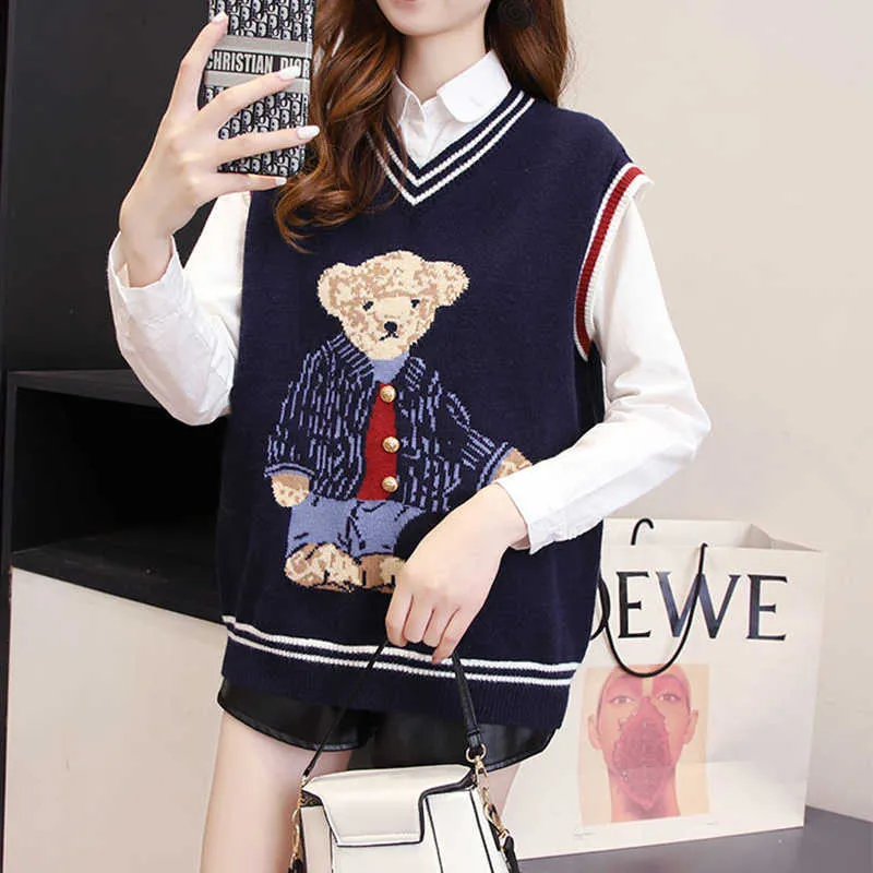 AZYT Spring Autumn Pullover Sweater Vest Women Loose V Neck Cartoon Print Knit Vest Fashion Streetwear Sleeve Jacket Female 211009