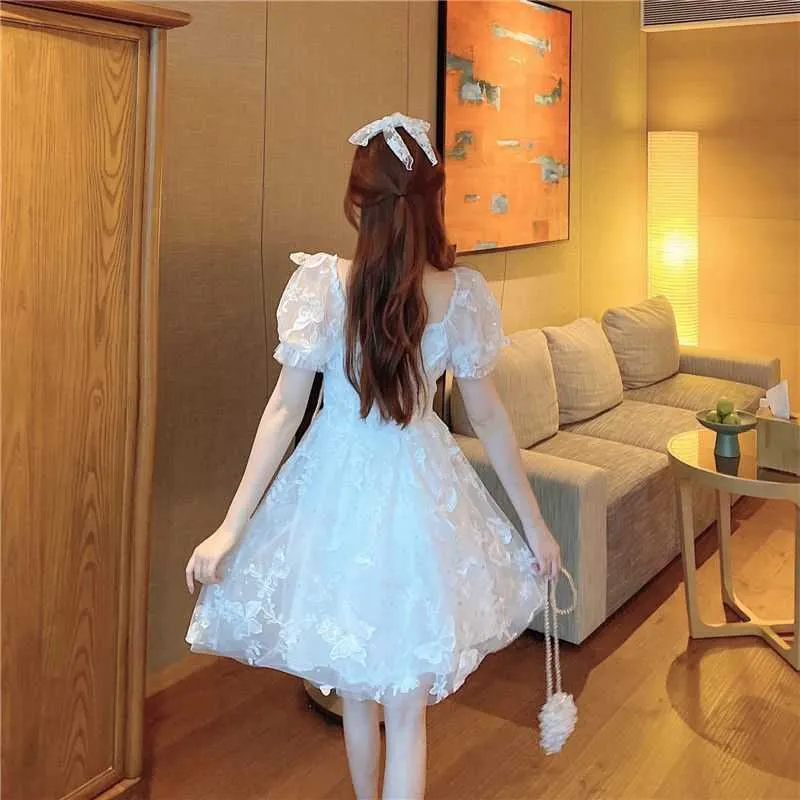 Słodki rękaw puff Fairy Dres Biała Mini Elegancka Summer Seksowna Seksowna Siatka Japoński Koreański Projektant Odzież 210604