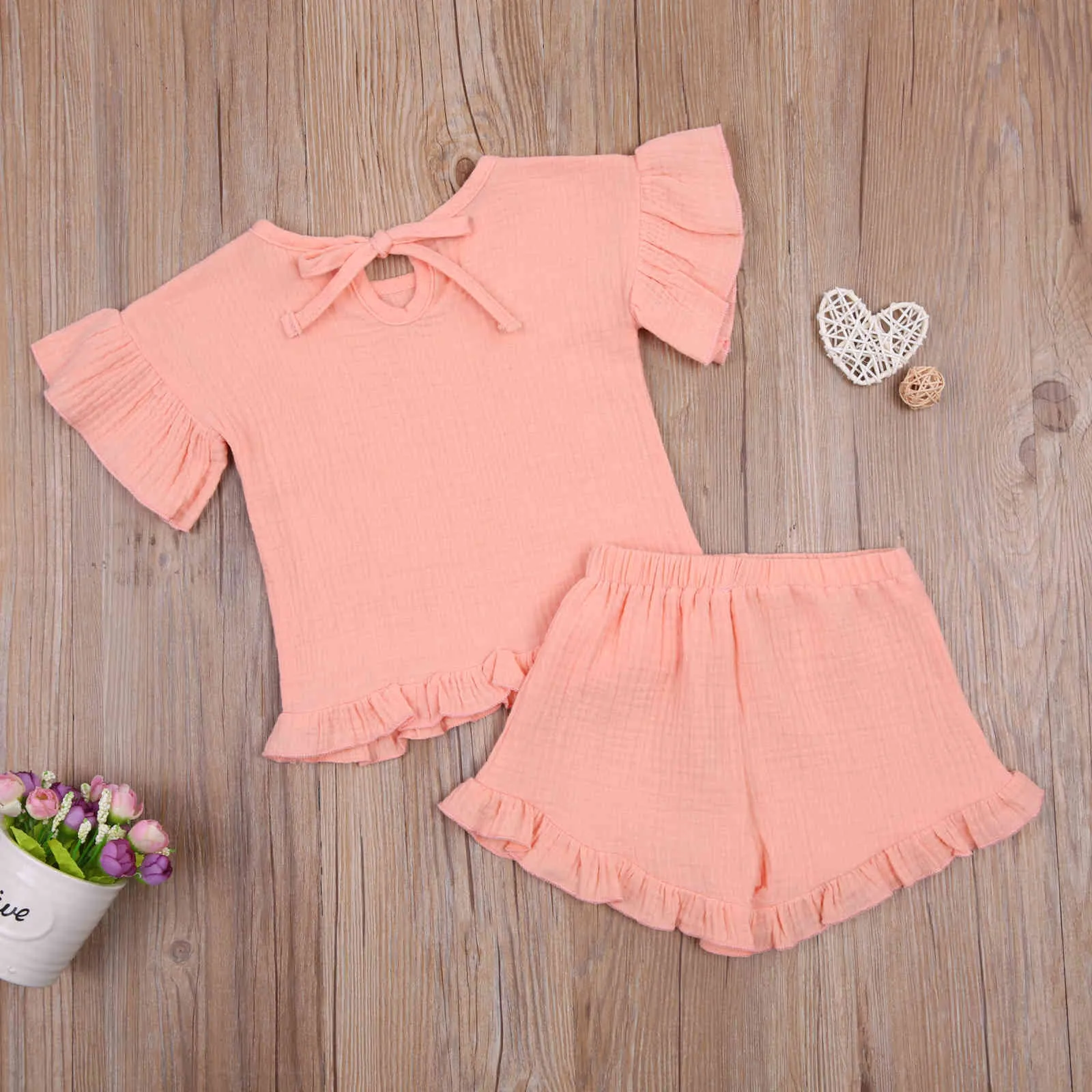 1-5Y Summer Soft Toddler Kid Baby Flickor Kläder Set Ruffles T-shirt Toppar Shorts Outfits Barndräkter Kläder 210515
