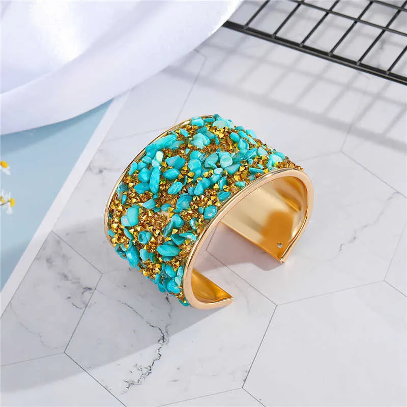 Dayoff European Bohemian Metal Zircon Bracelet Colorful Rhinestone Resin Stone Open Adjustable Wide Cuff Bracelet Women Jewelry Q0719