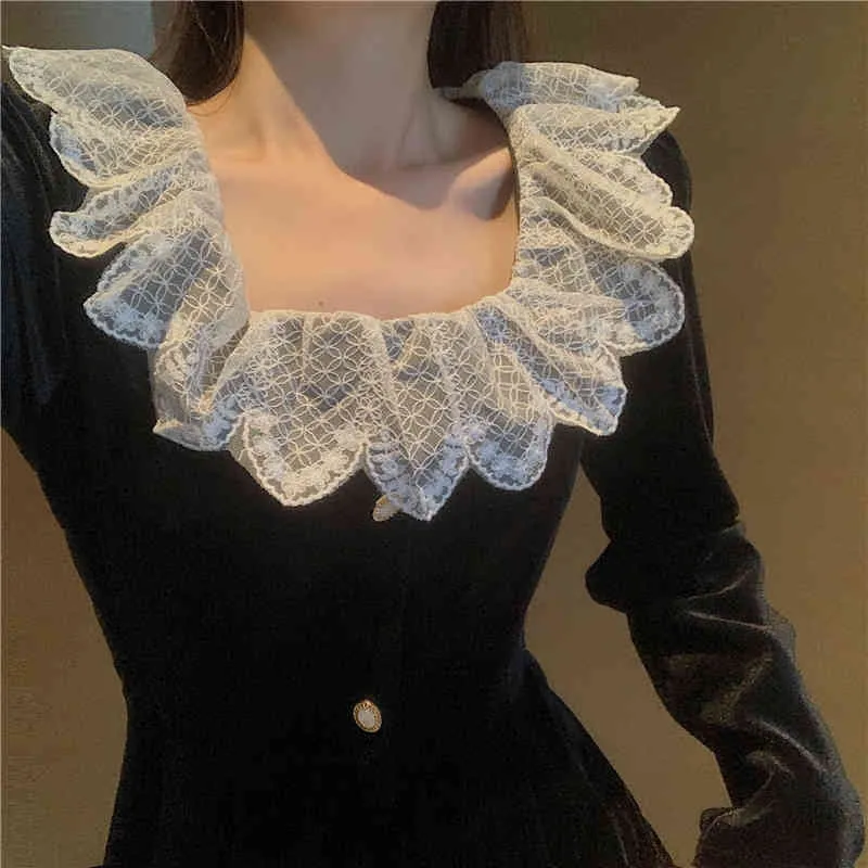 Élégante taille haute velours robe à manches longues automne printemps vintage dentelle volants col carré noir femmes robes 866B 210420