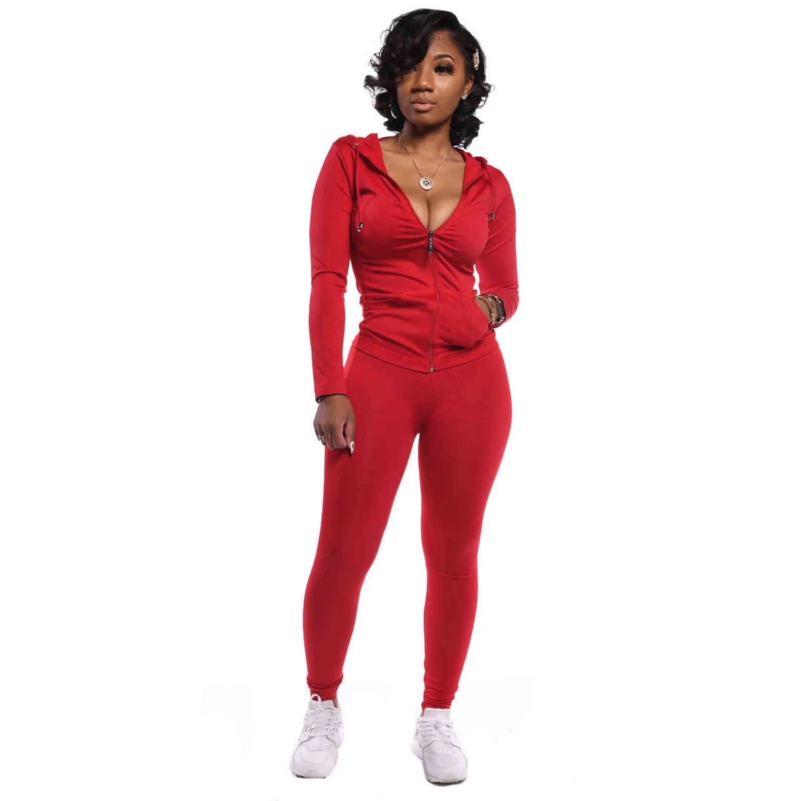 Femmes Solid Color Jogging Survêtement À Manches Longues À Capuche Zipper Top Crayon Pantalon Costume Sportwear Plus Taille S-XXL Track Survêtement 211116