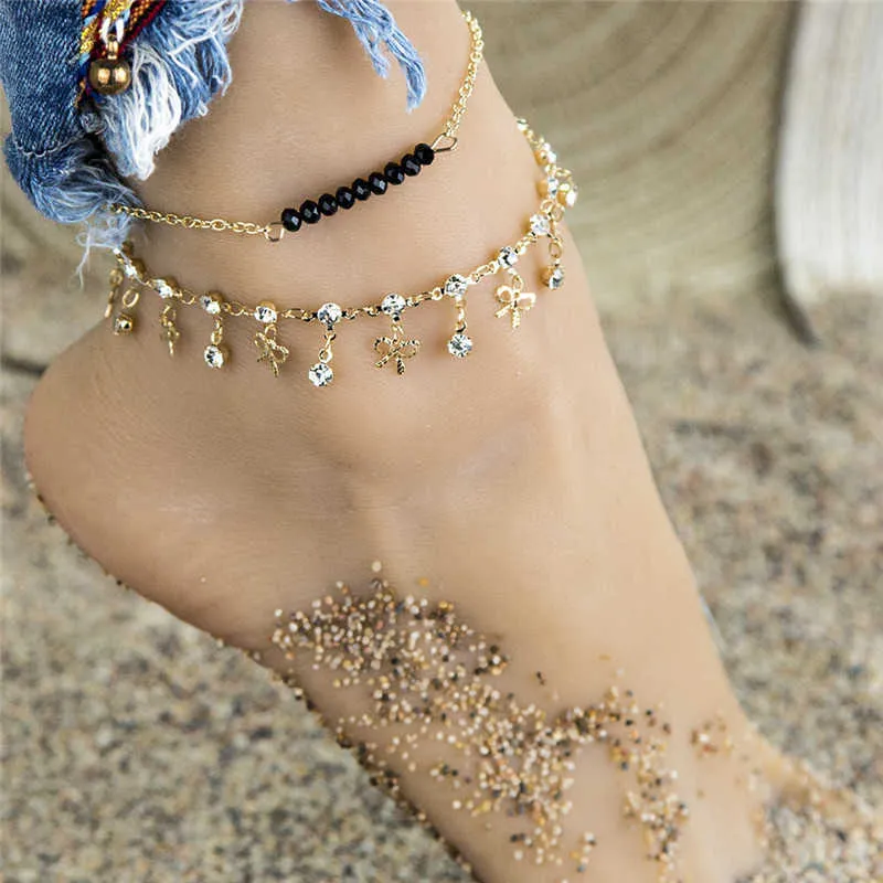Beach Anklet Svart Kristallpärlor 2 Ställer Fotben Armband Kvinnors Mode Smycken Vintage Yoga Ankelkedja Barefoot Sandaler G1022