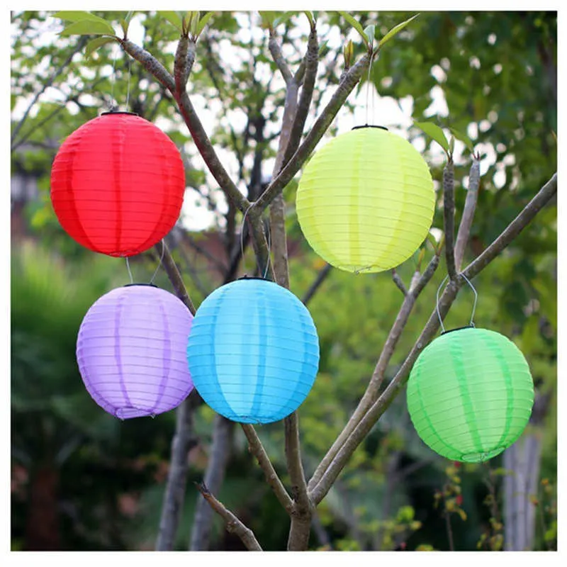 12in Solar Waterproof LED -tyg Kinesisk Lantern Outdoors Festival Wedding Party Garden Dekoration Hanging Lamp Nyårsmaterial Q6290995