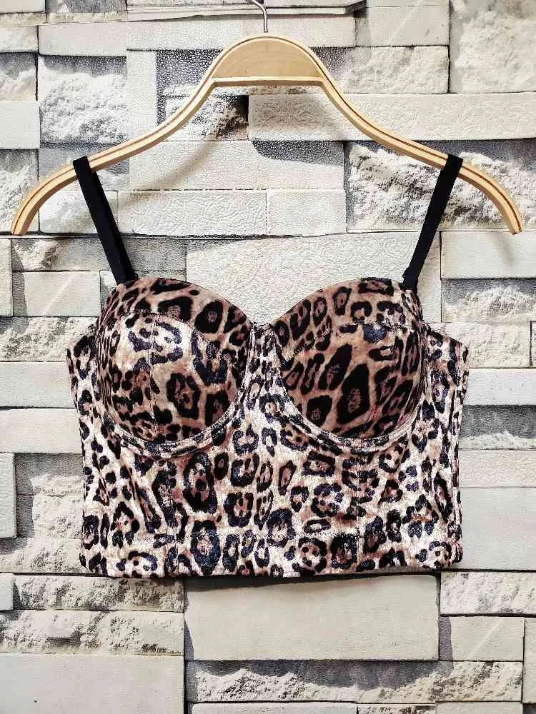 Femmes Sexy Léopard Print Velvet Court Bustier Crop Tops à l'extérieur portant une taille haute Sans manches Corst Camis K487 210407