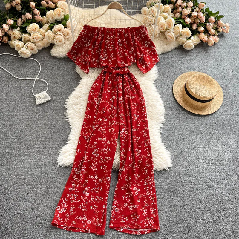 Sweet Ruffled One-line Collar Off-shoulder Short-sleeved Lace-up Waist and Thin Floral Jumpsuit Women's Wide-leg Pants GK602 210507