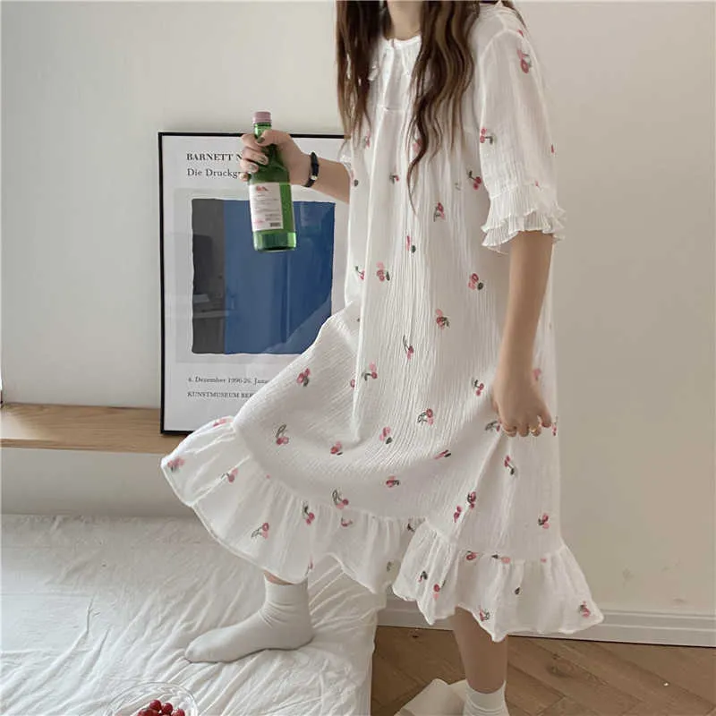 Hem Wear Princess Chiffon Kvinnor Chic Loose Cotton Sweet Sleepwear Girls Florals Printed Pajamas Nightdress 210525