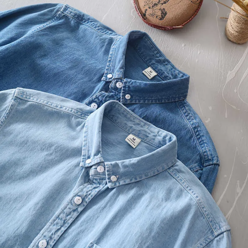 Nouveau classique décontracté bleu chemise en jean printemps automne confortable mince hauts solides pour hommes vêtements à manches longues doux jeans chemises P0812