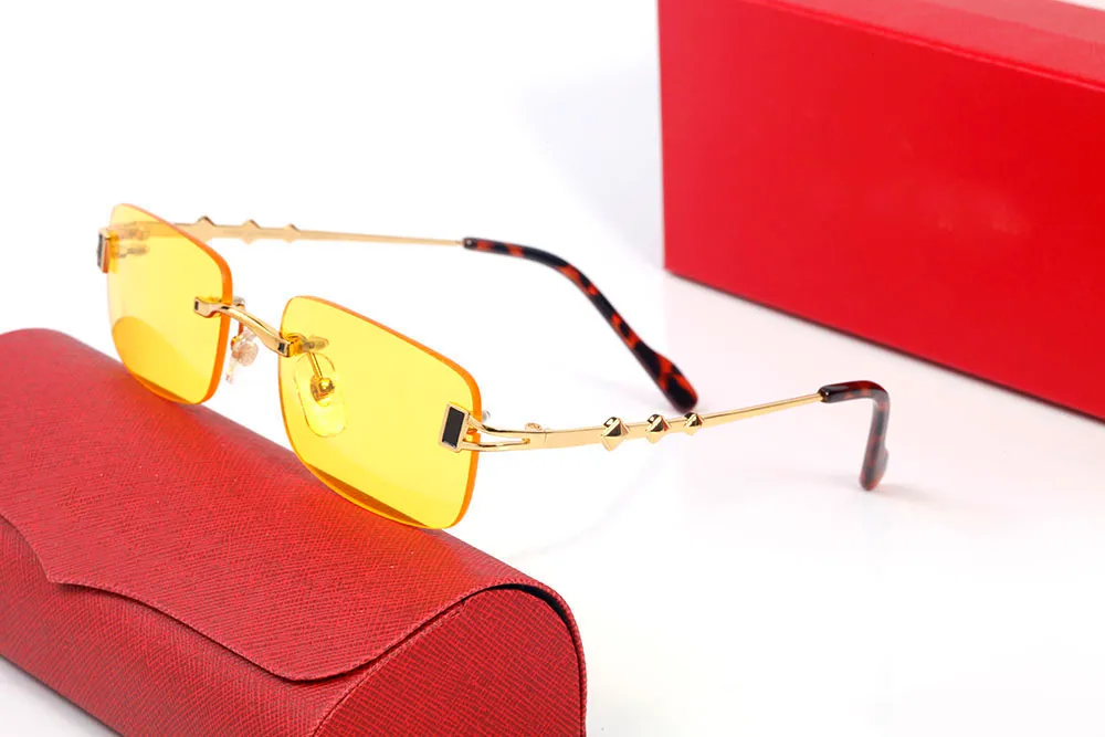 Röd lins solglasögon rektangulär gul form ramlösa solglasögon män kvinnor rimlösa solglasögon guldmetall ram glasögon lunetter 2867