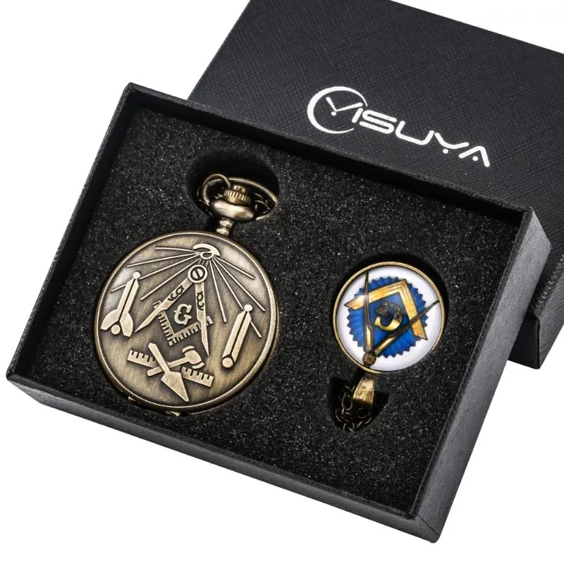 Pocket Watches Retro Men Watch For Necklace Gifts Set With Box Bronze Masonic masonry Pendant Quartz Reloj Hombre281Z