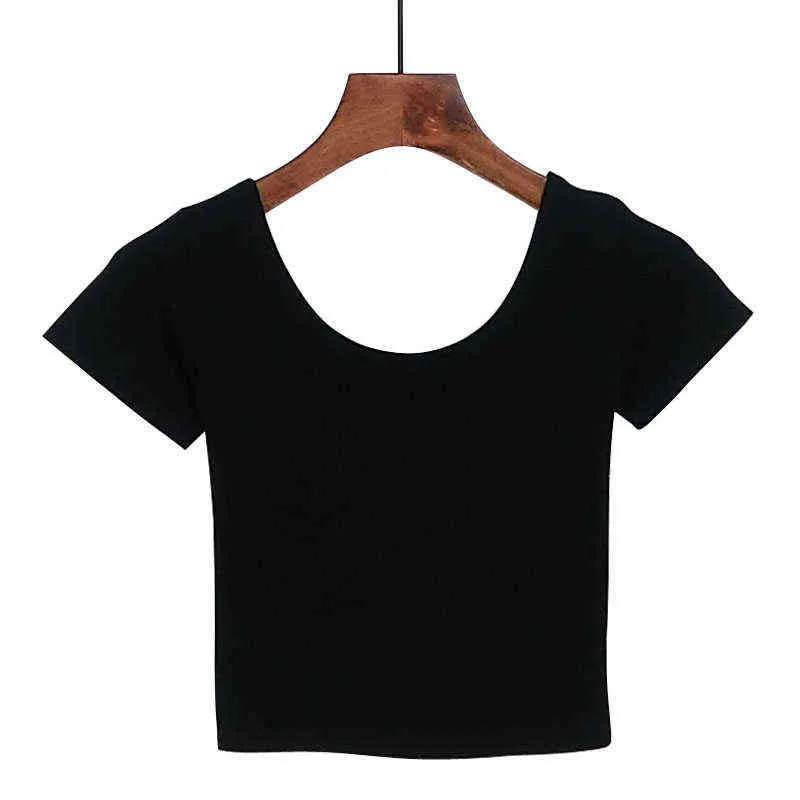 U Neck Sexy Crop Top Ladies Krótki Rękaw T Shirt Tee Podstawowe Stretch Koszulki Kobiety Harajuku Slim Kobiety Top Dla Kobiet Odzież G220228