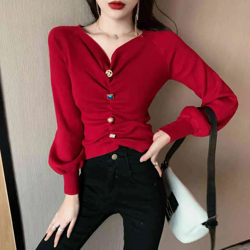 Korobov Korean Sexy Slash Neck Off Shoulder Women Sweaters Vintage Colorful Button Long Sleeve Sueter Mujer Chic OL Pullovers 210430
